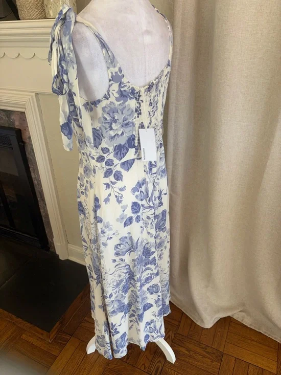 Reformation Cream Maxi Dress with Blue Floral Print and Tie Shoulders - Picture 6 of 14